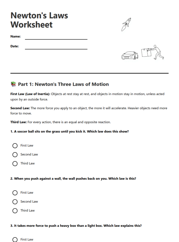 Newton’s Laws worksheet with questions and diagrams