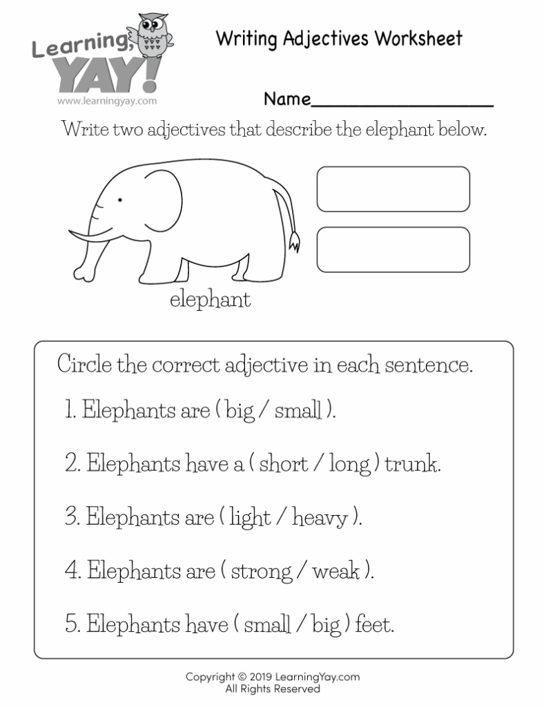 Elephant adjective worksheet with fill-in questions and logo