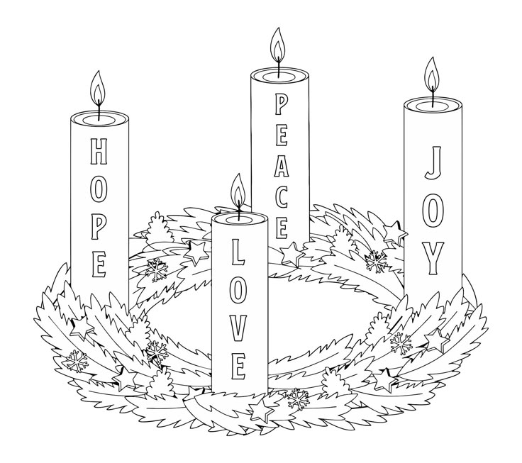 Advent wreath coloring page with four candles and words