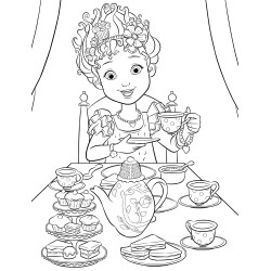 Black-and-white drawing of a smiling girl at tea table