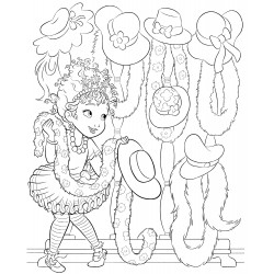 Black-and-white coloring page of a girl with hats and boas