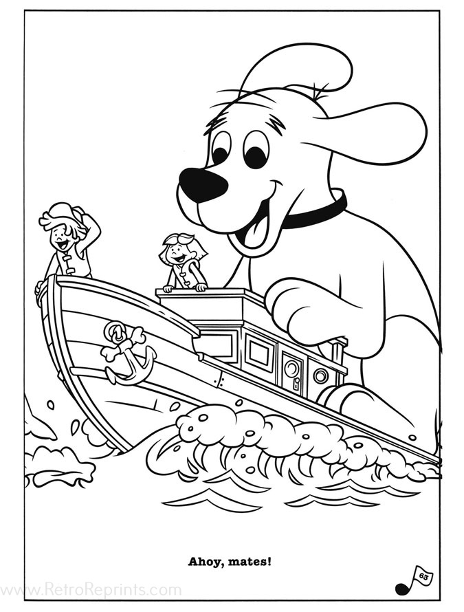Cartoon dog on boat with two children, waves below