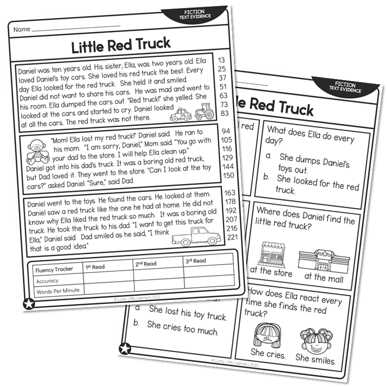 Two overlapping Little Red Truck reading worksheets on white background