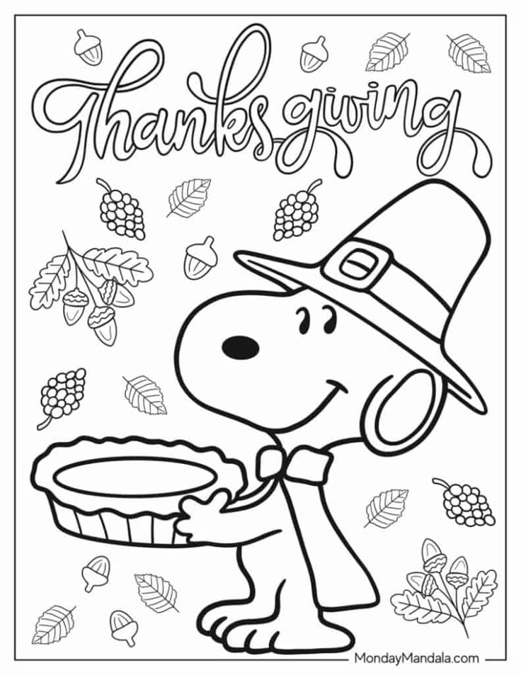 Thanksgiving Snoopy holding a pie with fall leaves