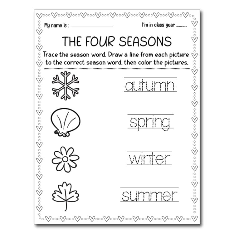 Four seasons worksheet with seasonal pictures and words