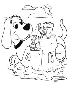 Cartoon dog beside sandcastle with crab and fish