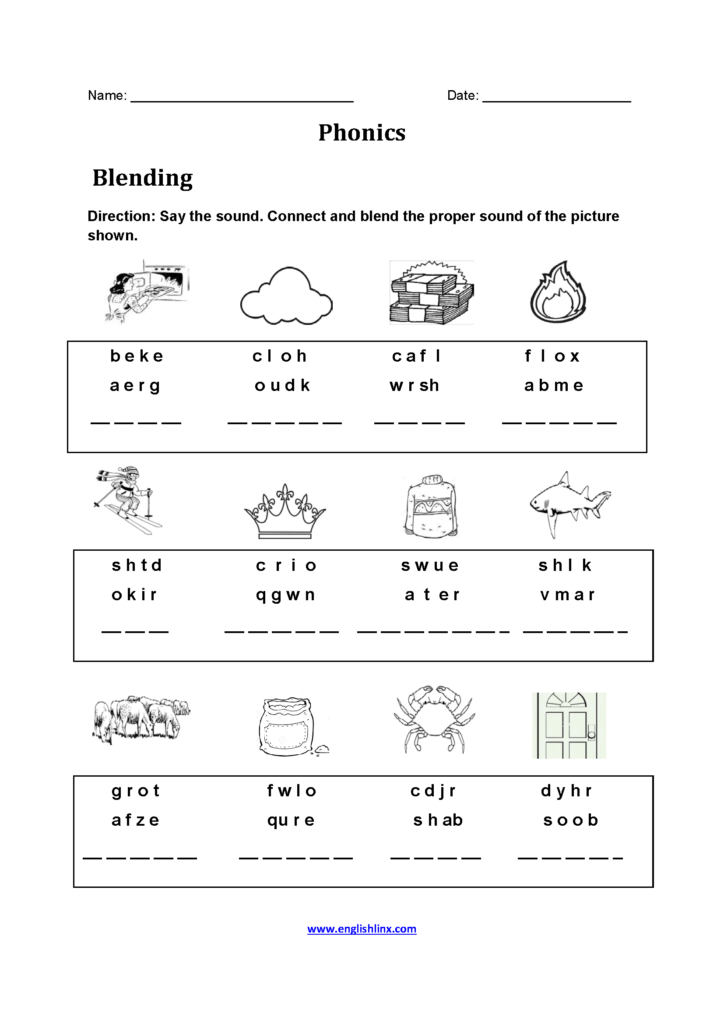 Phonics blending worksheet with pictures and letter groups