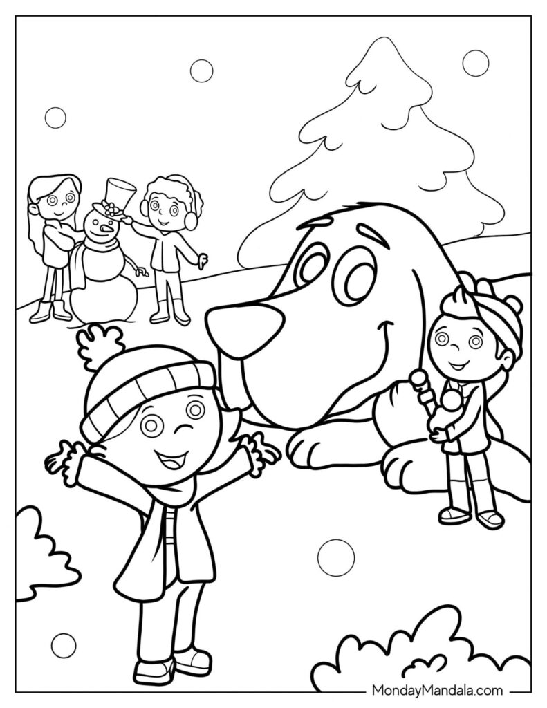 Coloring page with children, snowman, and large dog in snow
