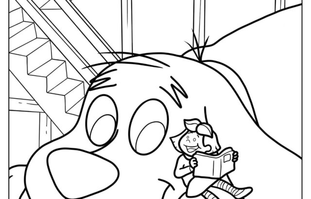 Cartoon dog lying down with girl reading on its paw