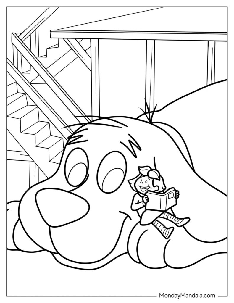 Cartoon dog lying down with girl reading on its paw