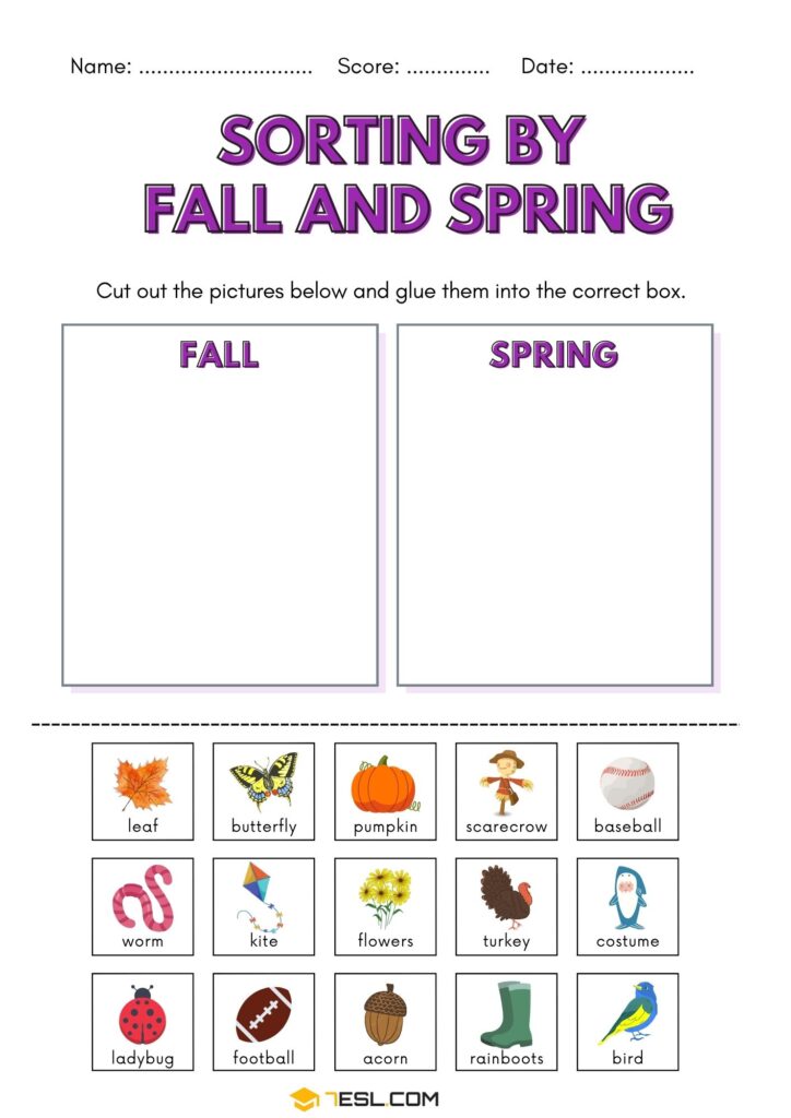 Seasonal sorting worksheet with fall and spring boxes and pictures