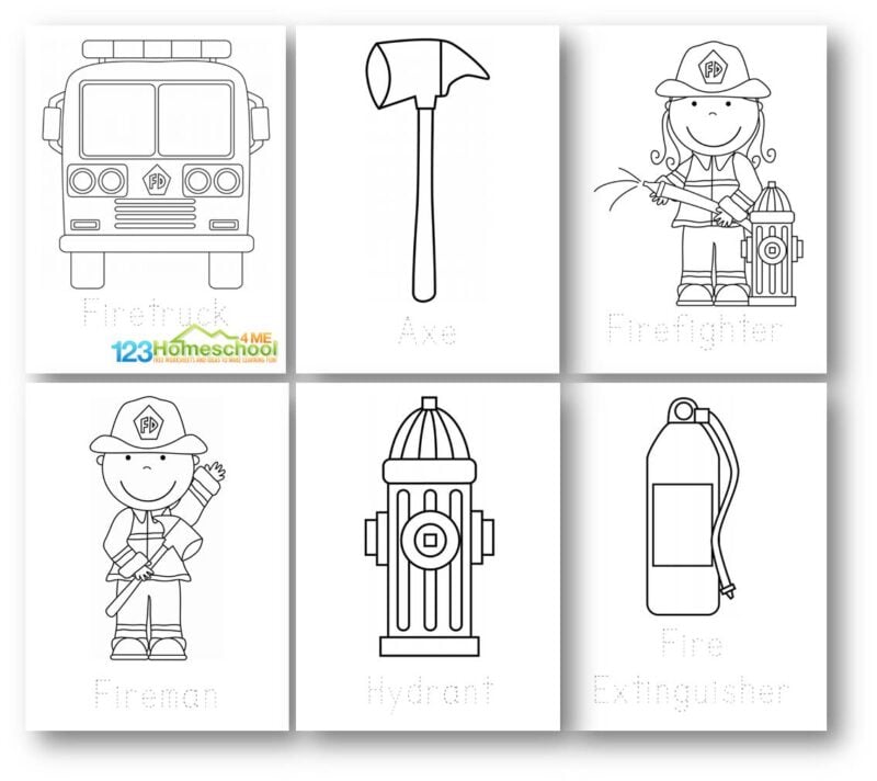 Six firefighter-themed coloring page illustrations in a grid