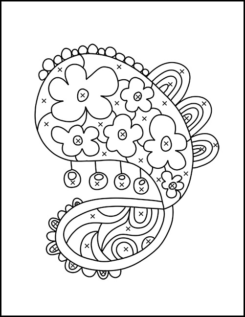 Black-and-white floral paisley coloring page design