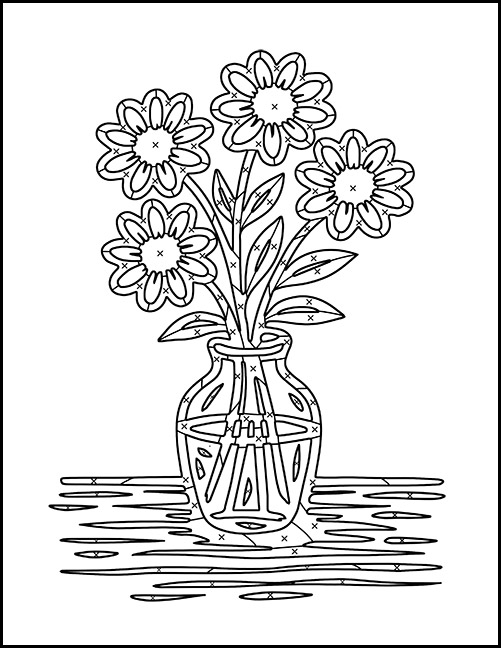 Line drawing of flowers in a vase on a table