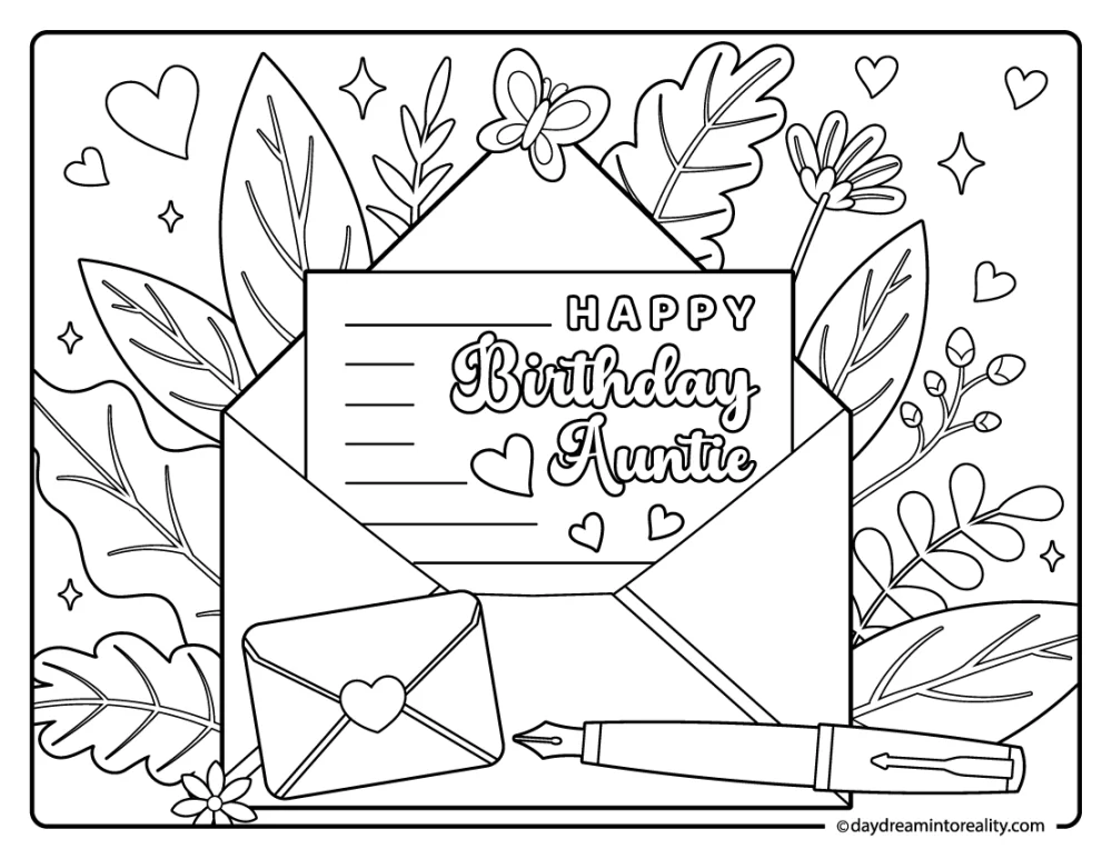 Birthday card coloring page with envelope and flowers