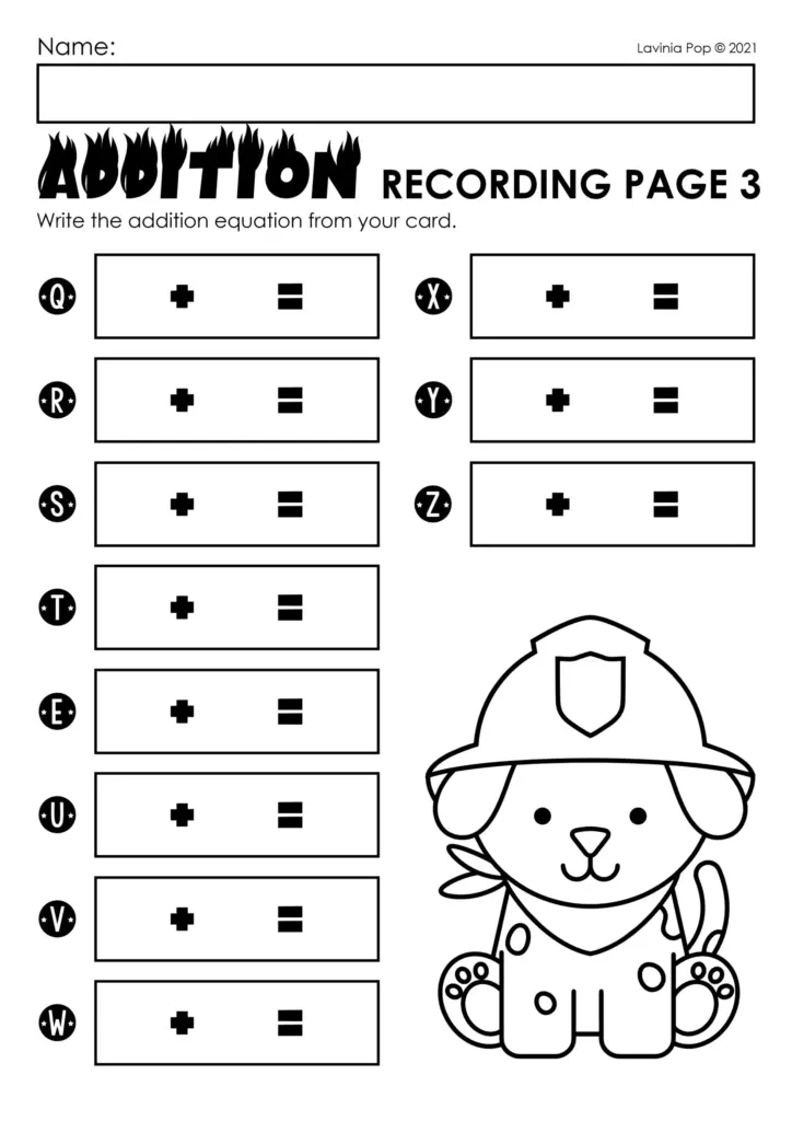 Firefighter math worksheet with blank addition boxes and puppy