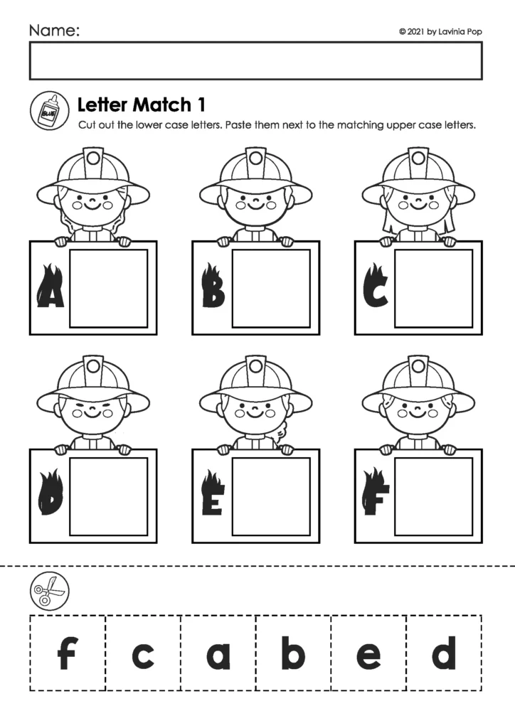 Firefighter letter matching worksheet with six boxes