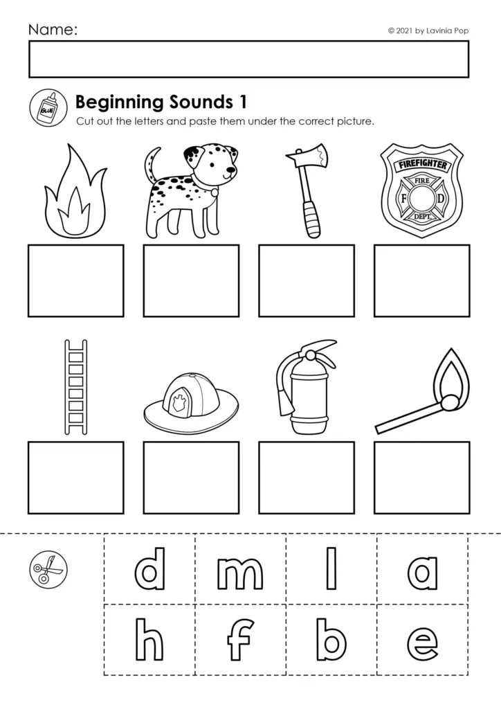 Firefighter beginning sounds worksheet with pictures and letters