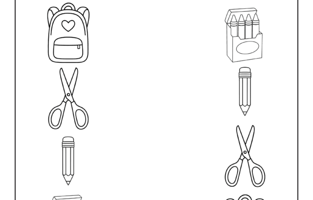 Matching worksheet with backpack, scissors, pencil, crayons drawings
