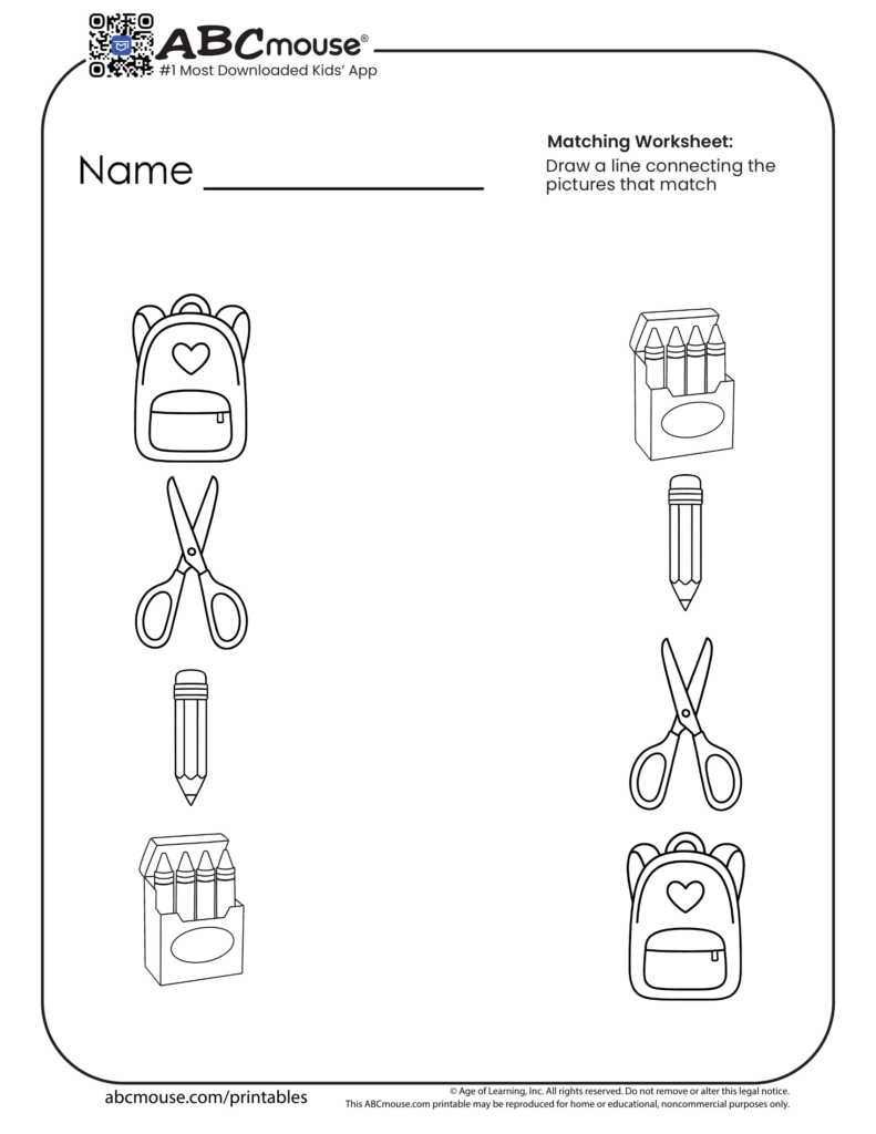 Matching worksheet with backpack, scissors, pencil, crayons drawings