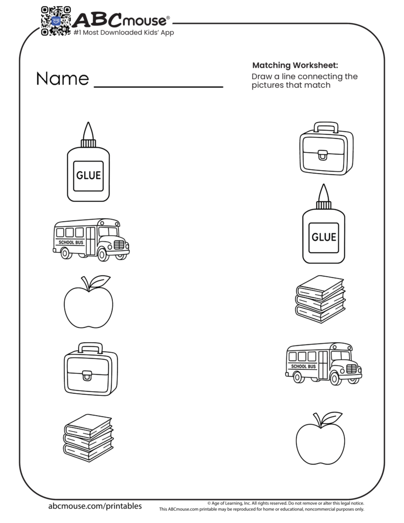 Black-and-white matching worksheet with school supply pictures and duplicates