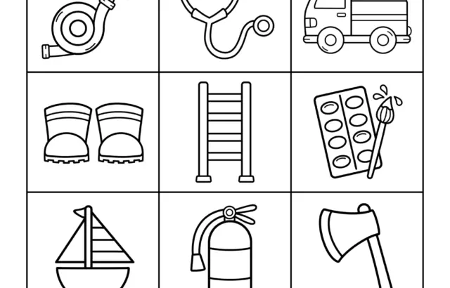 Firefighter tools coloring worksheet with grid of icons