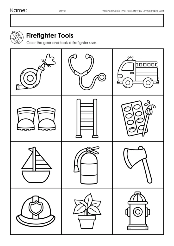 Firefighter tools coloring worksheet with grid of icons