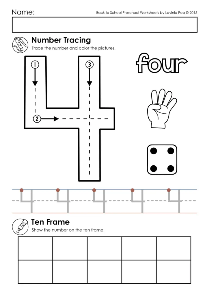 Preschool number tracing worksheet for four with ten frame