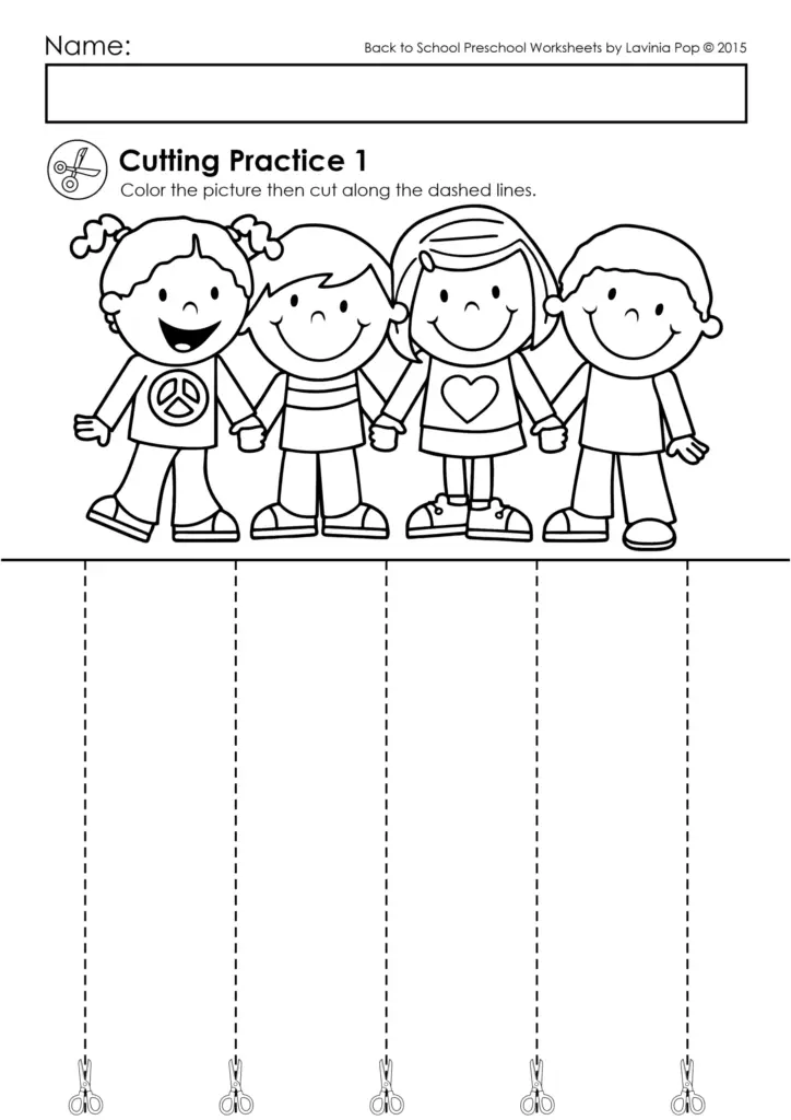 Preschool cutting practice worksheet with four children and scissors lines