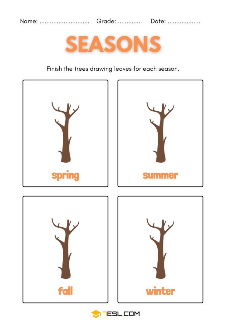 Seasons worksheet with four bare trees in boxes