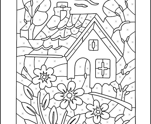 Coloring page of a house with flowers and trees