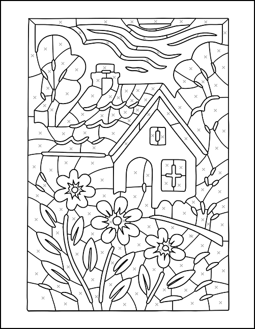 Coloring page of a house with flowers and trees