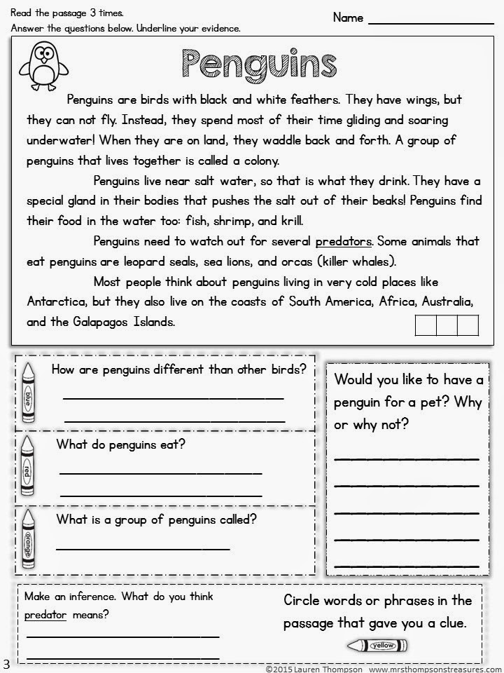 Penguins reading worksheet with questions and passage on page