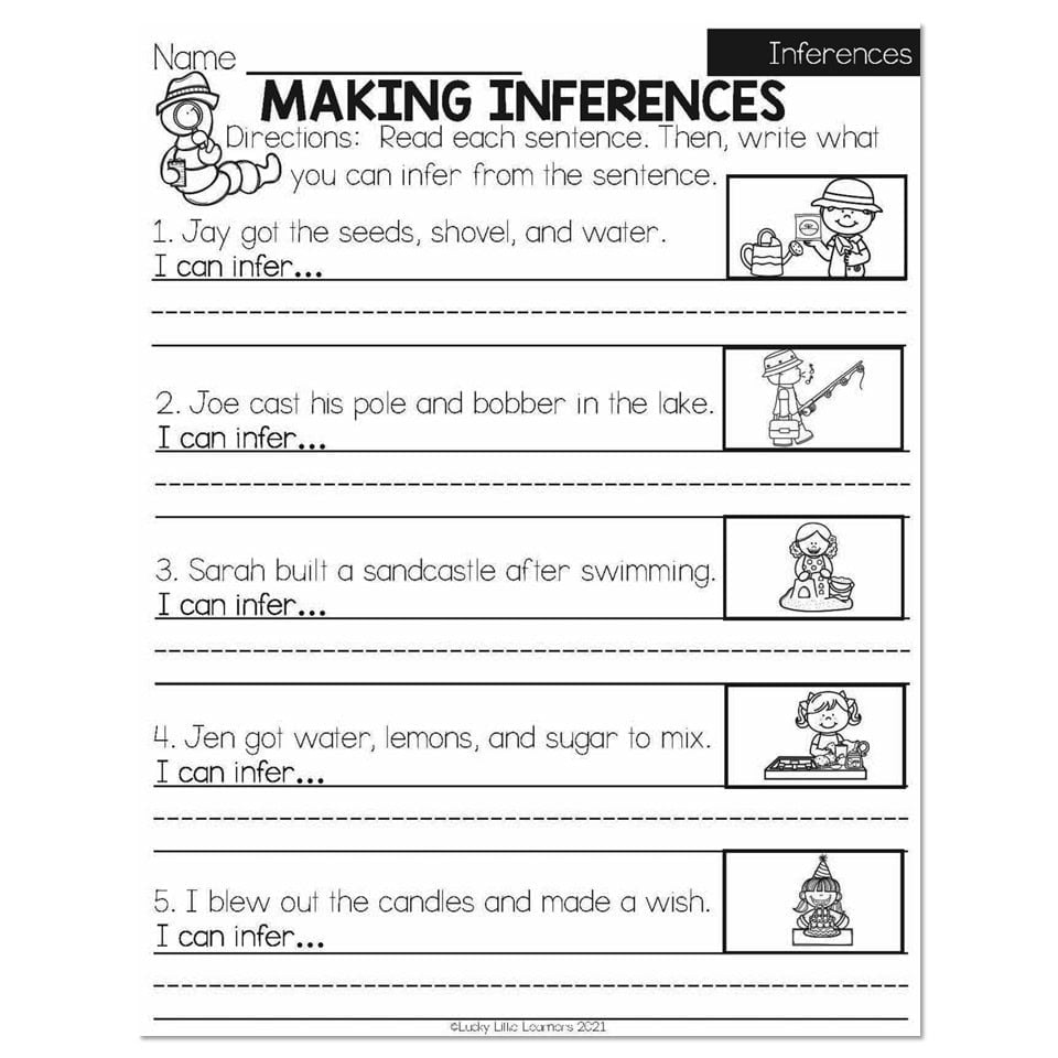 Inference worksheet with five illustrated sentences