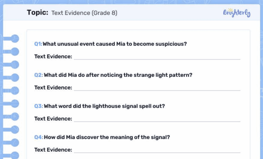 Text evidence worksheet with four questions and blank lines