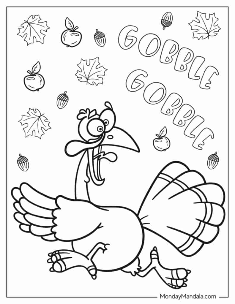 Cartoon turkey with gobble gobble and fall leaves