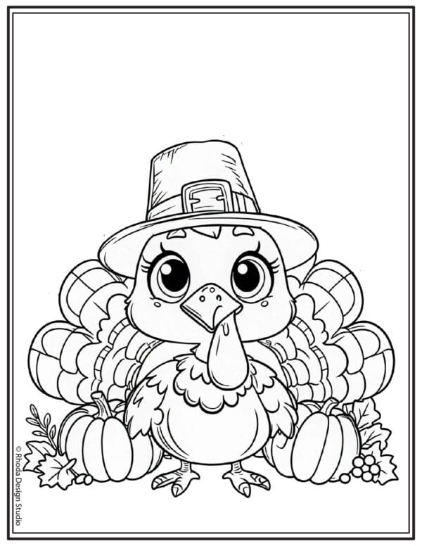 Cartoon turkey wearing pilgrim hat, pumpkins and leaves behind