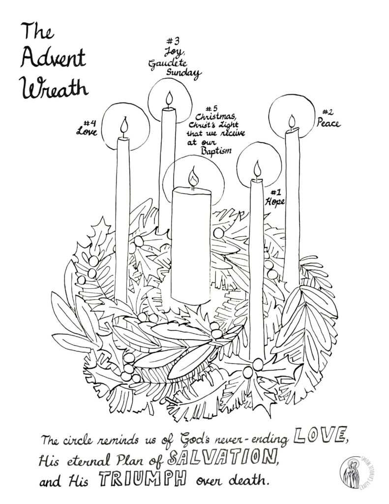Advent wreath coloring page with four candles and text