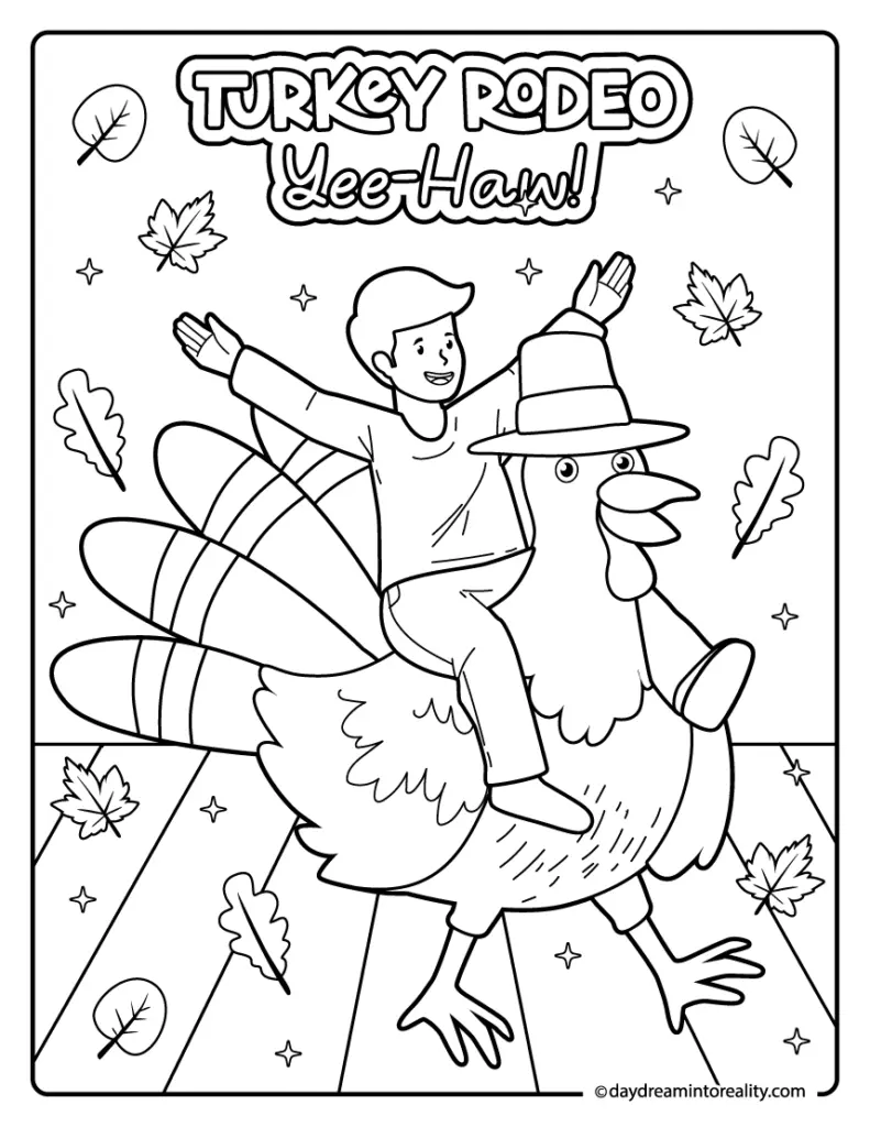 Thanksgiving coloring page with child riding a turkey rodeo