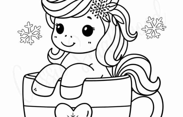 Unicorn sitting in a teacup with snowflakes