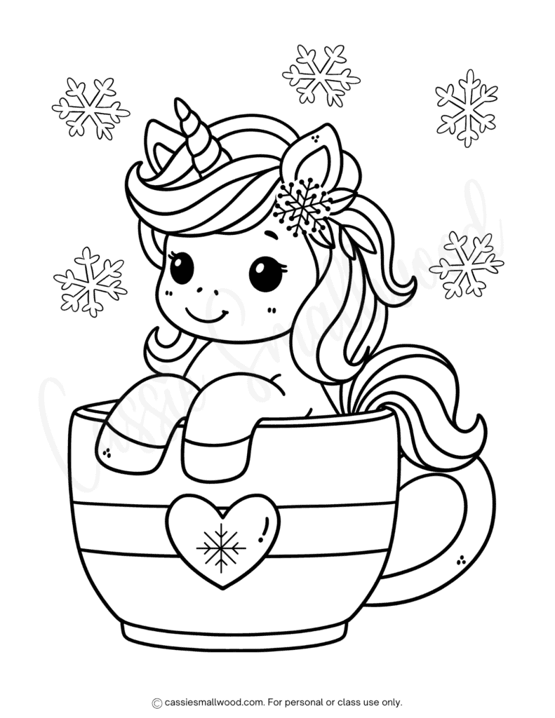 Unicorn sitting in a teacup with snowflakes
