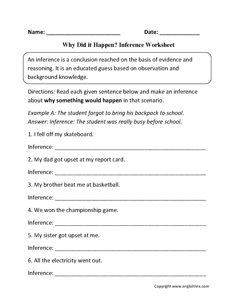 Inference worksheet with numbered fill-in-the-blank prompts