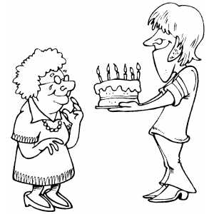 Cartoon woman holding birthday cake toward elderly woman