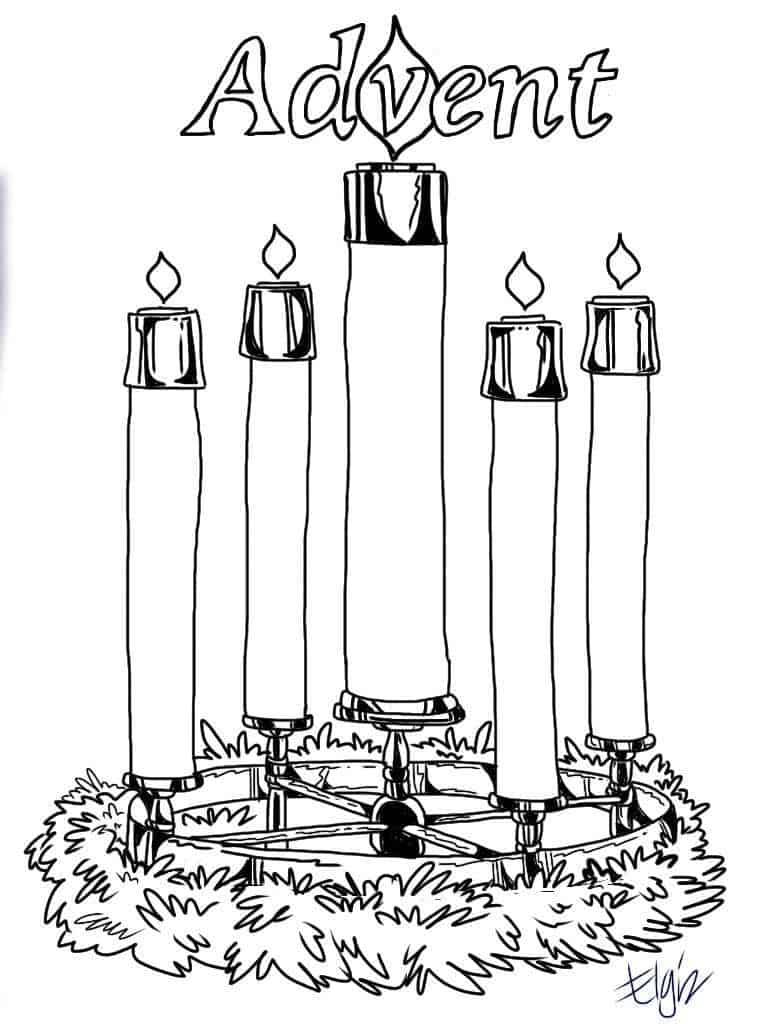 Black-and-white Advent wreath with five candles and the word Advent