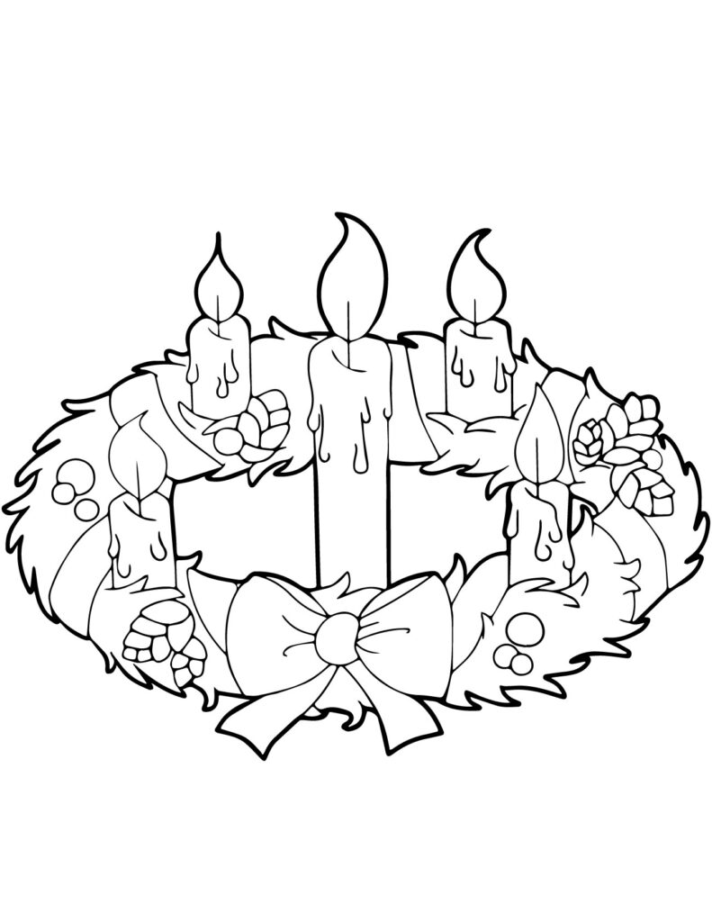 Black-and-white drawing of a candle wreath with bow
