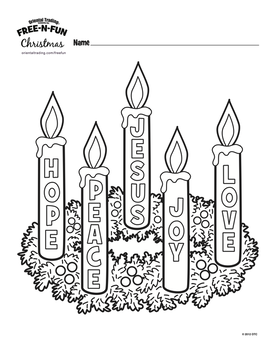 Five Christmas candles with words in wreaths