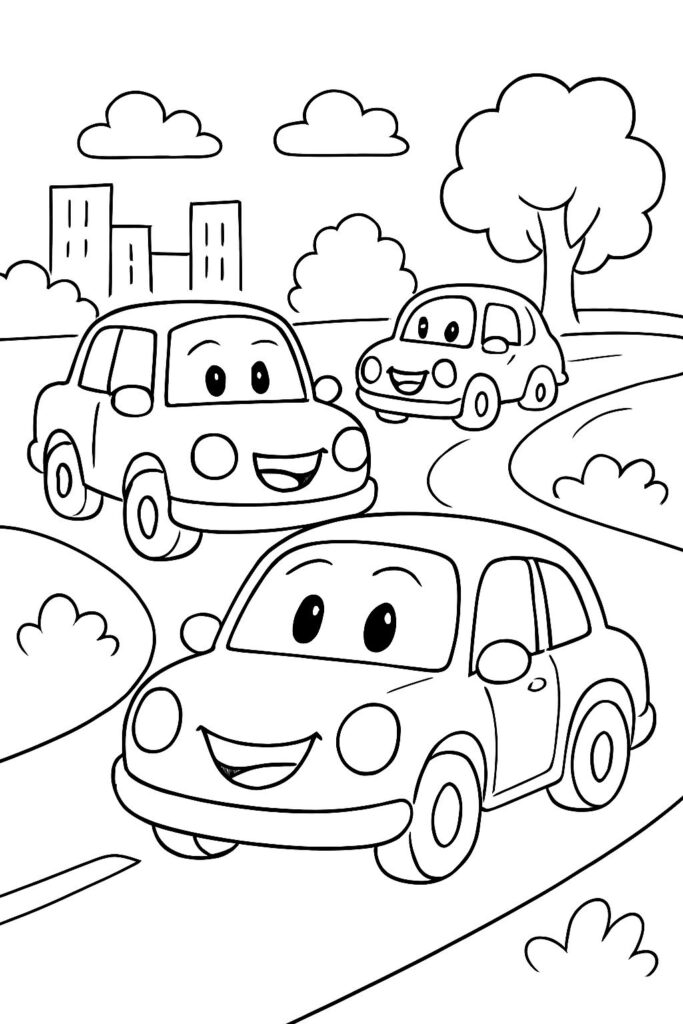 Cartoon cars driving on a winding road near trees