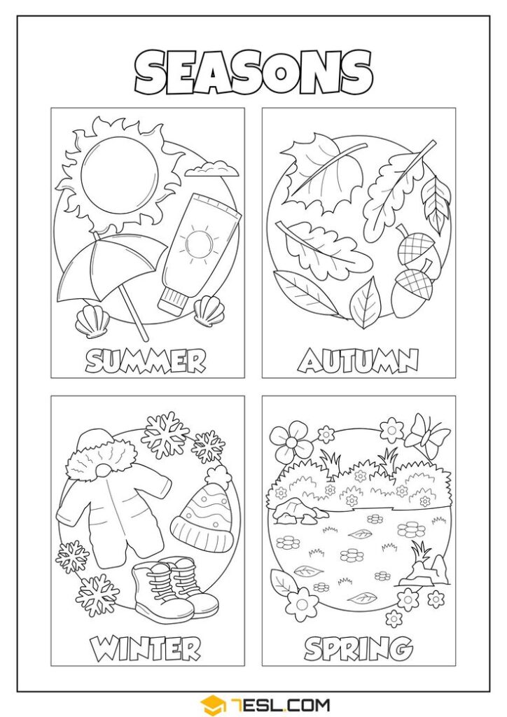 Four seasonal coloring panels: summer, autumn, winter, spring