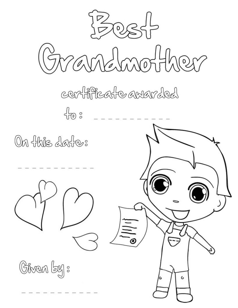 Black-and-white best grandmother certificate coloring page