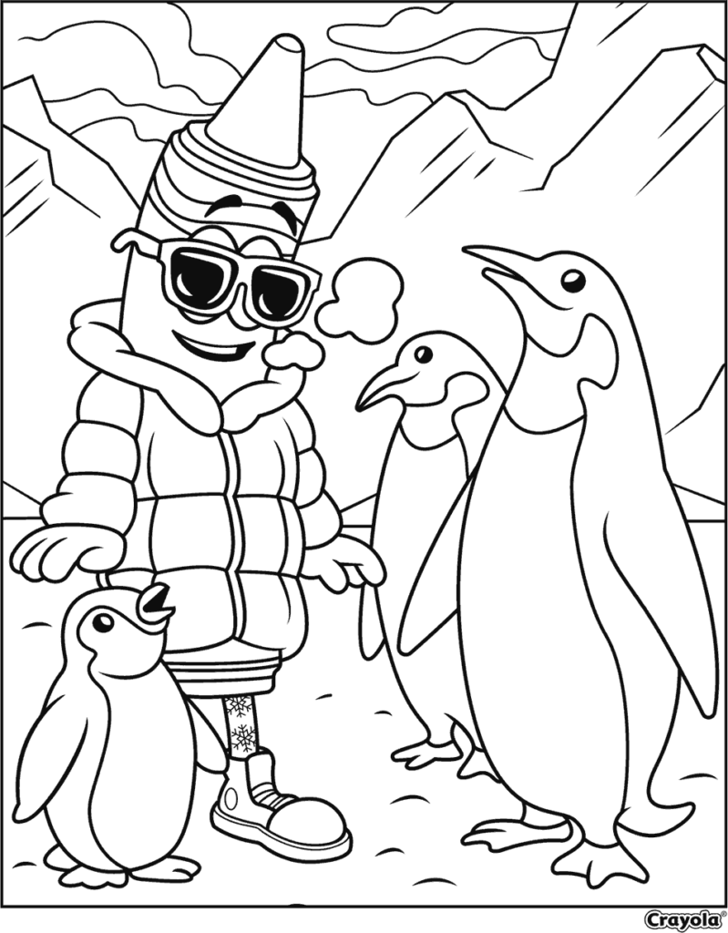 Crayola coloring page of smiling crayon and penguins in snow